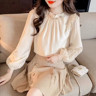 Phong Cách Hàn Quốc Nữ Nữ Voan Ruffle Thêu Áo Sơ Mi Tay Dài Áo Baju Baju Wanita Lengan Panjang