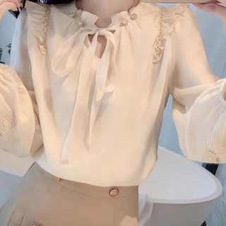 Phong Cách Hàn Quốc Nữ Nữ Voan Ruffle Thêu Áo Sơ Mi Tay Dài Áo Baju Baju Wanita Lengan Panjang