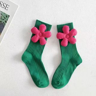 [oklife] [Tất nữ] Tất Cotton hoa ba chiều Dopamine màu kẹo Tất nữ ống giữa tất bắp chân nữ Tất hoa hồng cổ tích