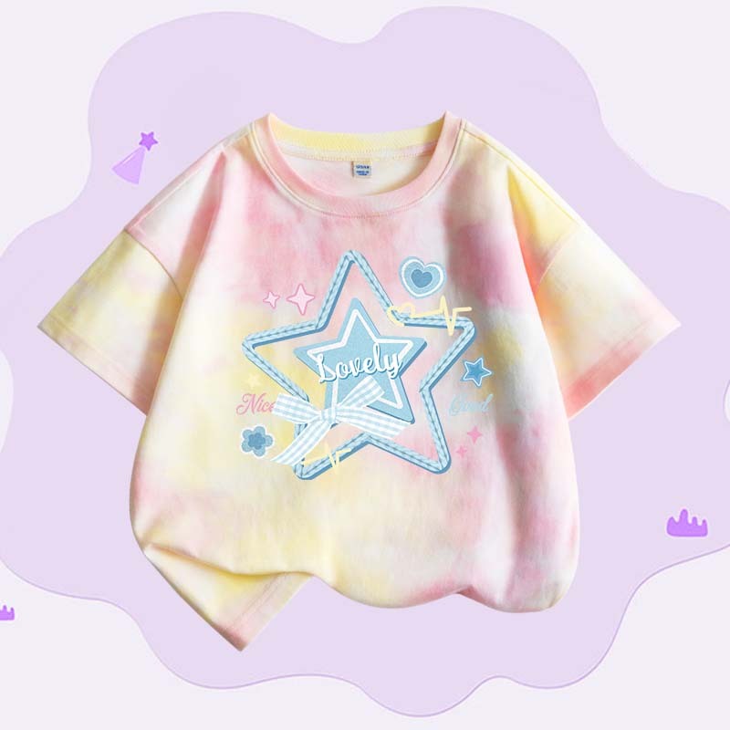 W.G.Q Áo thun Tie-Dye bé gái , vải Cotton nguyên chất mềm mại thoải mái, thấm mồ hôi thoáng khí