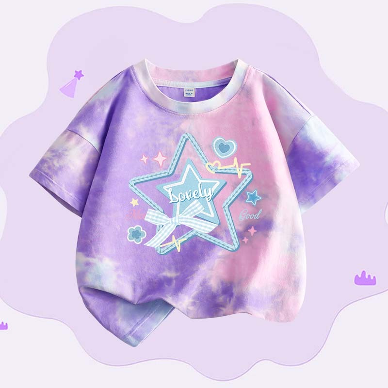 W.G.Q Áo thun Tie-Dye bé gái , vải Cotton nguyên chất mềm mại thoải mái, thấm mồ hôi thoáng khí