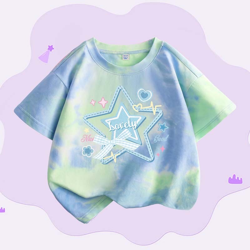 W.G.Q Áo thun Tie-Dye bé gái , vải Cotton nguyên chất mềm mại thoải mái, thấm mồ hôi thoáng khí