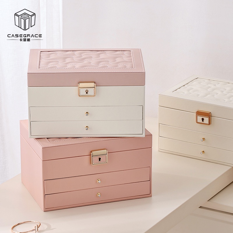 Casegrace Hộp đựng đồ trang sức bằng da PU lớn Hộp đựng đồ có màn hình hai lớp cho bông tai Vòng tay Nhẫn Đồng hồ Hộp đựng đồ trang sức dành cho nữ Cô gái Vợ