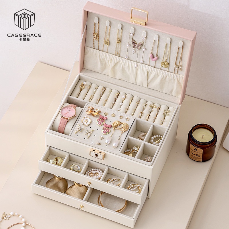 Casegrace Hộp đựng đồ trang sức bằng da PU lớn Hộp đựng đồ có màn hình hai lớp cho bông tai Vòng tay Nhẫn Đồng hồ Hộp đựng đồ trang sức dành cho nữ Cô gái Vợ