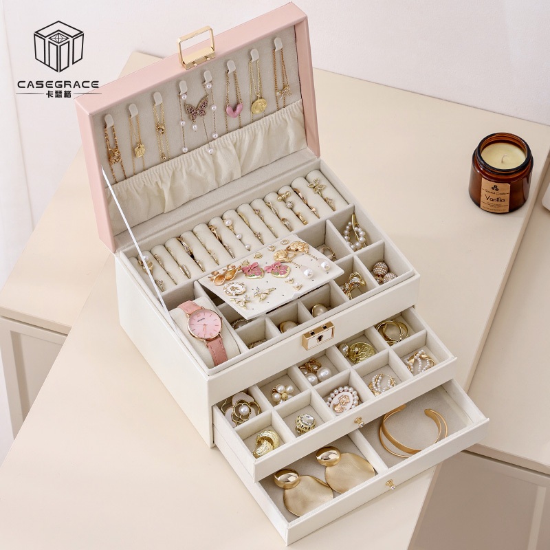 Casegrace Hộp đựng đồ trang sức bằng da PU lớn Hộp đựng đồ có màn hình hai lớp cho bông tai Vòng tay Nhẫn Đồng hồ Hộp đựng đồ trang sức dành cho nữ Cô gái Vợ