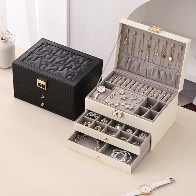 Casegrace Hộp đựng đồ trang sức bằng da PU lớn Hộp đựng đồ có màn hình hai lớp cho bông tai Vòng tay Nhẫn Đồng hồ Hộp đựng đồ trang sức dành cho nữ Cô gái Vợ