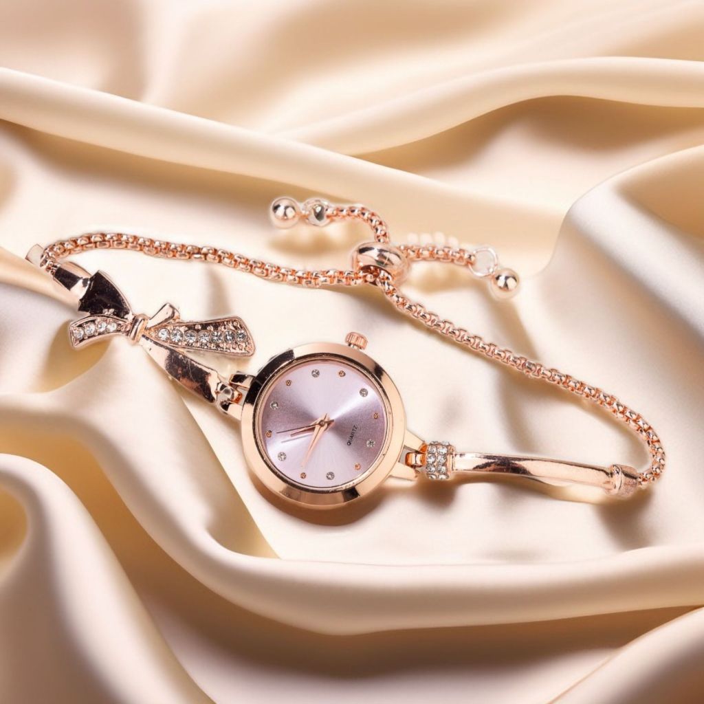Đồng hồ thạch anh nữ mới niche cao cấp Bow Studded Diamond Bracelet Watch