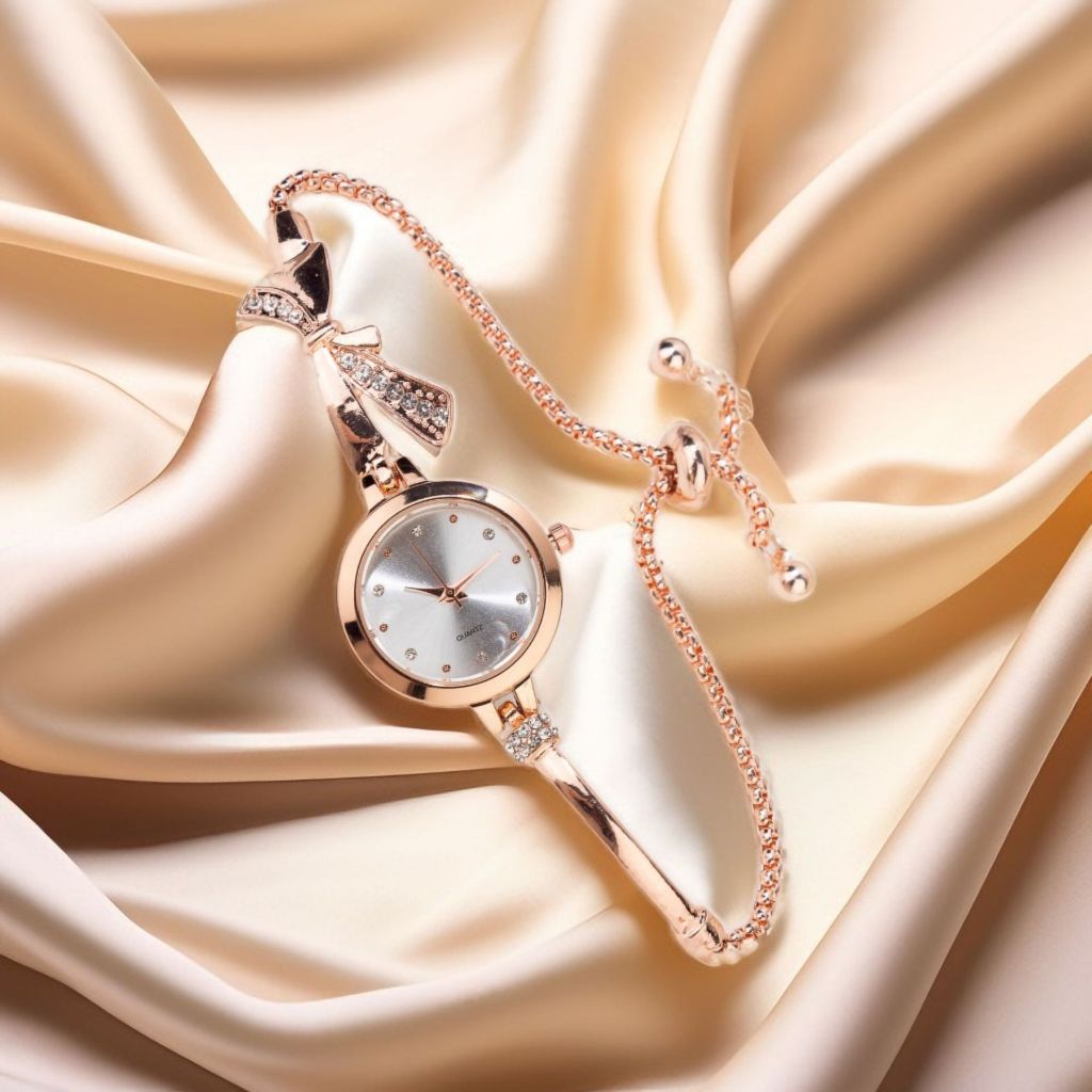 Đồng hồ thạch anh nữ mới niche cao cấp Bow Studded Diamond Bracelet Watch