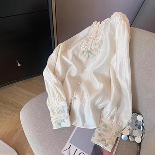 Áo sơ mi dài tay nữ thời trang Hàn Quốc retro dáng rộng thêu hoa