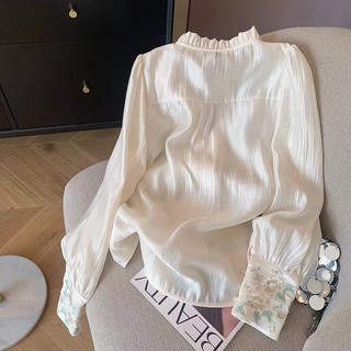 Áo sơ mi dài tay nữ thời trang Hàn Quốc retro dáng rộng thêu hoa