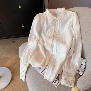 Áo sơ mi dài tay nữ thời trang Hàn Quốc retro dáng rộng thêu hoa