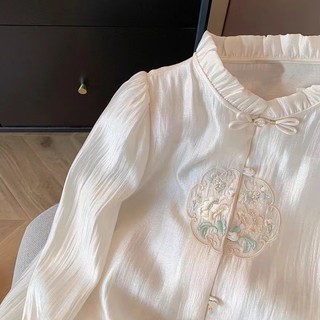 Áo sơ mi dài tay nữ thời trang Hàn Quốc retro dáng rộng thêu hoa