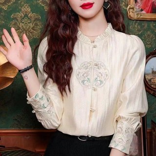 Áo sơ mi dài tay nữ thời trang Hàn Quốc retro dáng rộng thêu hoa
