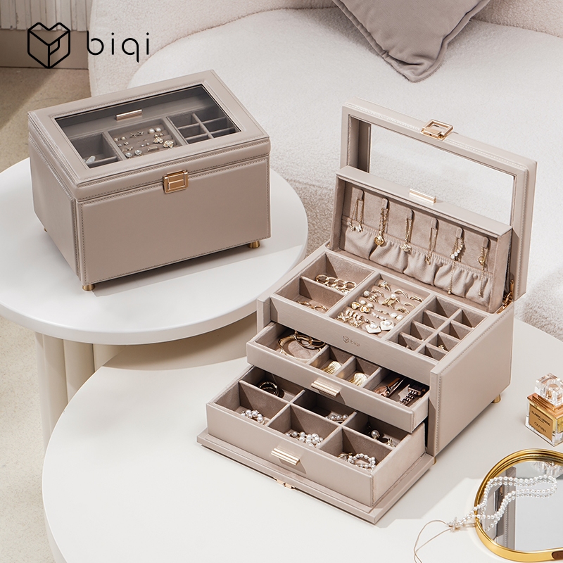 Casegrace Lớn Da PU Hộp Bảo Quản Trang Sức Có Nắp Kính Hộp Trang Sức 3 Lớp Người Tổ Chức Cho Bông Tai Vòng Cổ Hộp Trang Sức