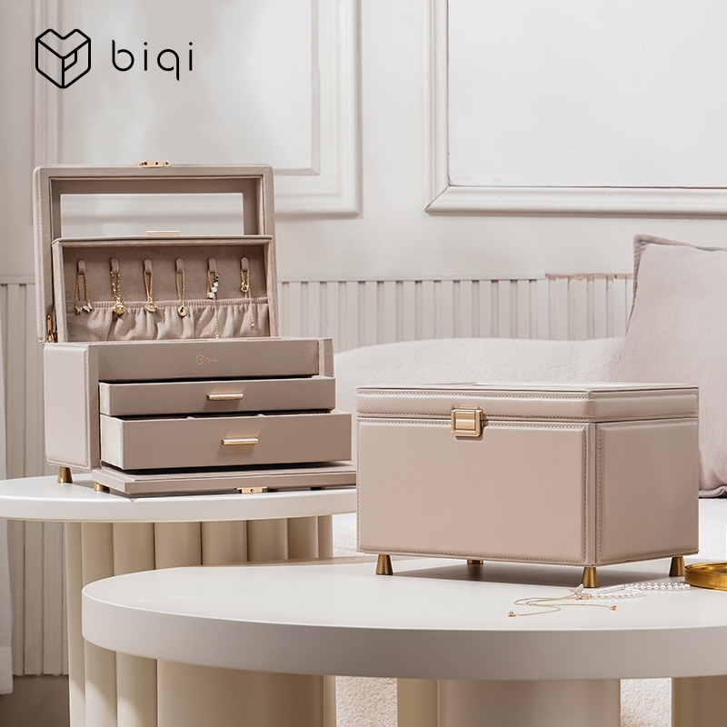 Casegrace Lớn Da PU Hộp Bảo Quản Trang Sức Có Nắp Kính Hộp Trang Sức 3 Lớp Người Tổ Chức Cho Bông Tai Vòng Cổ Hộp Trang Sức