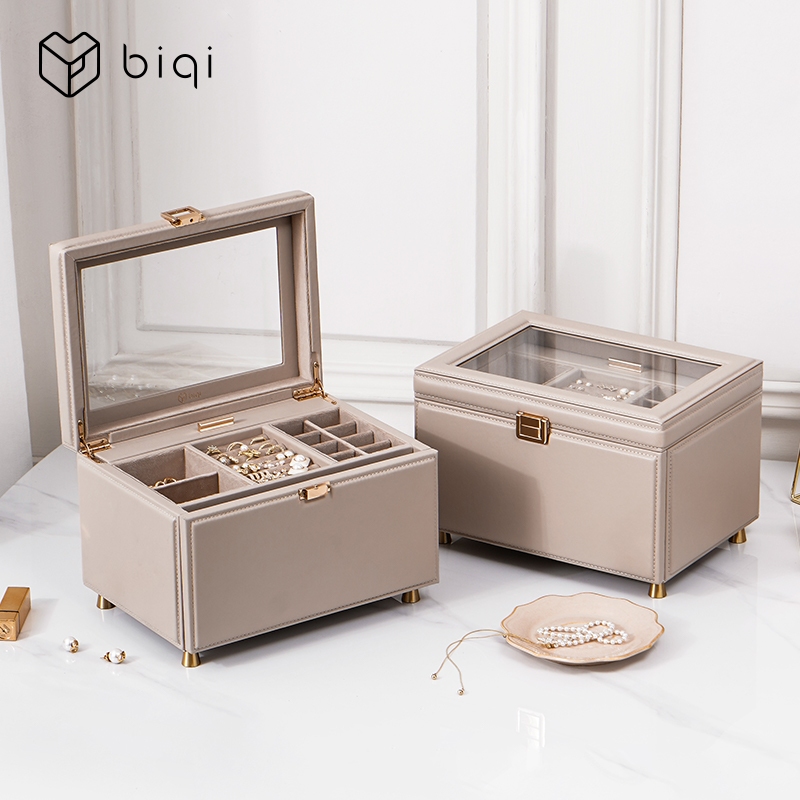 Casegrace Lớn Da PU Hộp Bảo Quản Trang Sức Có Nắp Kính Hộp Trang Sức 3 Lớp Người Tổ Chức Cho Bông Tai Vòng Cổ Hộp Trang Sức