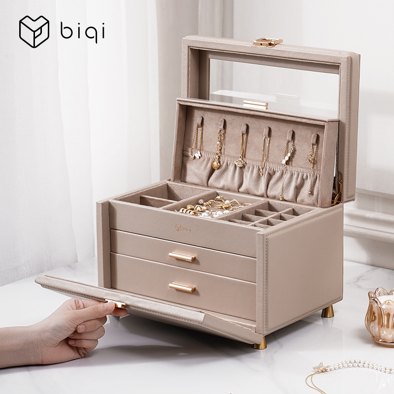 Casegrace Lớn Da PU Hộp Bảo Quản Trang Sức Có Nắp Kính Hộp Trang Sức 3 Lớp Người Tổ Chức Cho Bông Tai Vòng Cổ Hộp Trang Sức