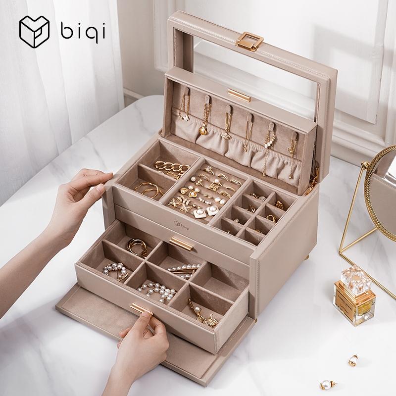 Casegrace Lớn Da PU Hộp Bảo Quản Trang Sức Có Nắp Kính Hộp Trang Sức 3 Lớp Người Tổ Chức Cho Bông Tai Vòng Cổ Hộp Trang Sức
