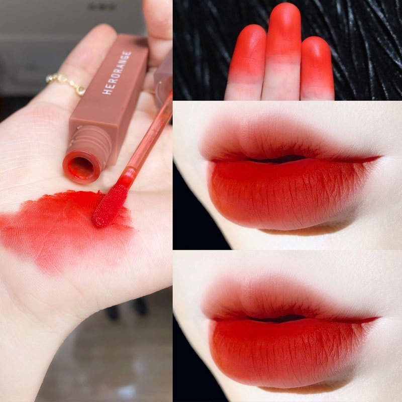 Son Kem Lì HERORANGE Chính Hãng,tone màu đỏ nâu đất,đỏ cam Thiết kế Thân Vuông thon dài