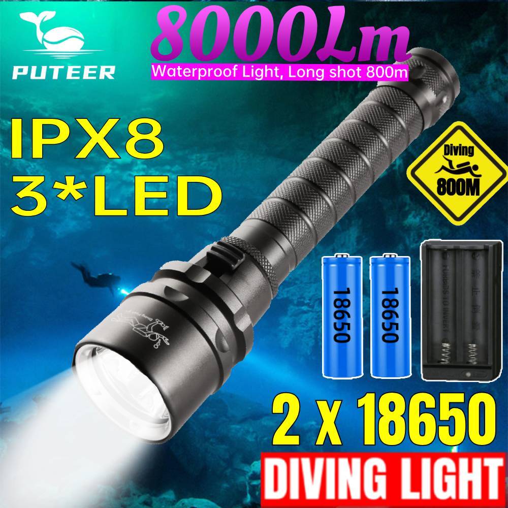 Đèn pin lặn chuyên nghiệp 8000 lumens, chống nước, dùng cho lặn sâu tới 100m