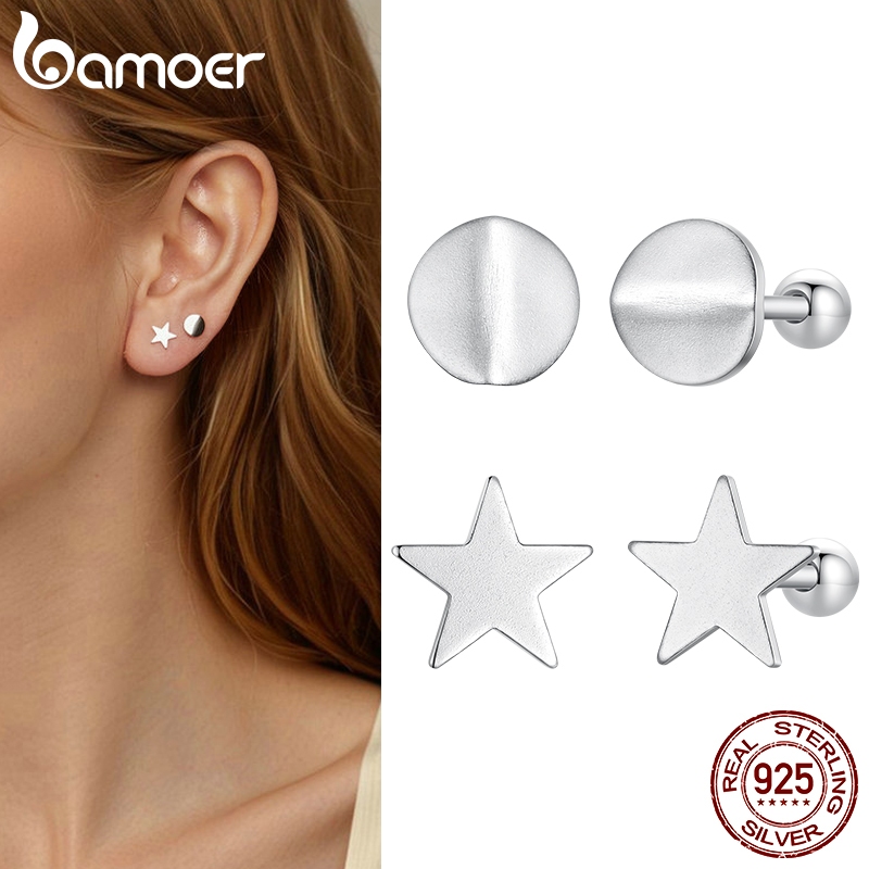 Bamoer 925 Sterling Sliver Studs Bông Tai Ngôi Sao Tròn Trang Sức Quà Tặng Cho Nữ