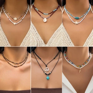 Julyhot 1 Bộ Vintage Phong Cách Bohemian Màu Sắc Hỗn Hợp Hạt Nhỏ Hạt Sao Biển Mặt Dây Chuyền Vòng Cổ Bộ Dành Cho Nữ Thời Trang Đi Biển Choker Xương Đòn Dây Chuyền Trang Sức Massivedeals