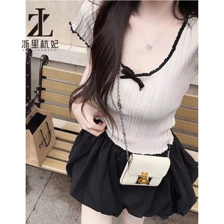 ZHELIHANGFEI Áo Thun Phong Cách Mỹ Trang Trọng Vai Màu Sắc Tương Phản Ren Nơ Băng Lụa Đan Nữ Tay Ngắn Mùa Hè Tight-Fit Hot