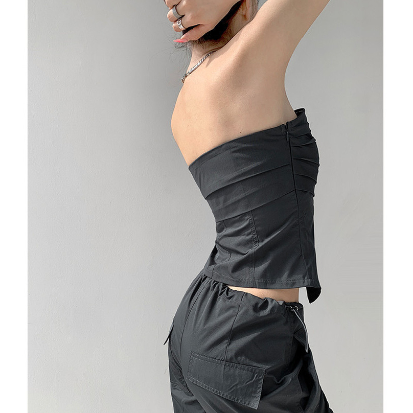 Thiết Kế Độc Đáo Sense Niche Girls Xếp Ly Ống Top Nữ Châu Âu Mỹ Một Lông Chia Nẹp Quấn Ngực Rộng Hẹp Ôm Vừa vặn Ôm Hơn Nhìn Không Tay Đơn-Brea