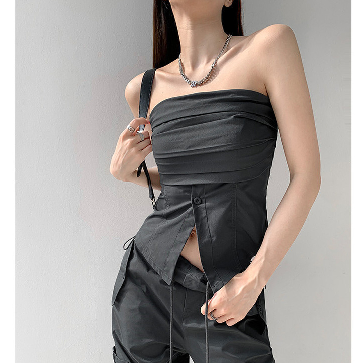 Thiết Kế Độc Đáo Sense Niche Girls Xếp Ly Ống Top Nữ Châu Âu Mỹ Một Lông Chia Nẹp Quấn Ngực Rộng Hẹp Ôm Vừa vặn Ôm Hơn Nhìn Không Tay Đơn-Brea