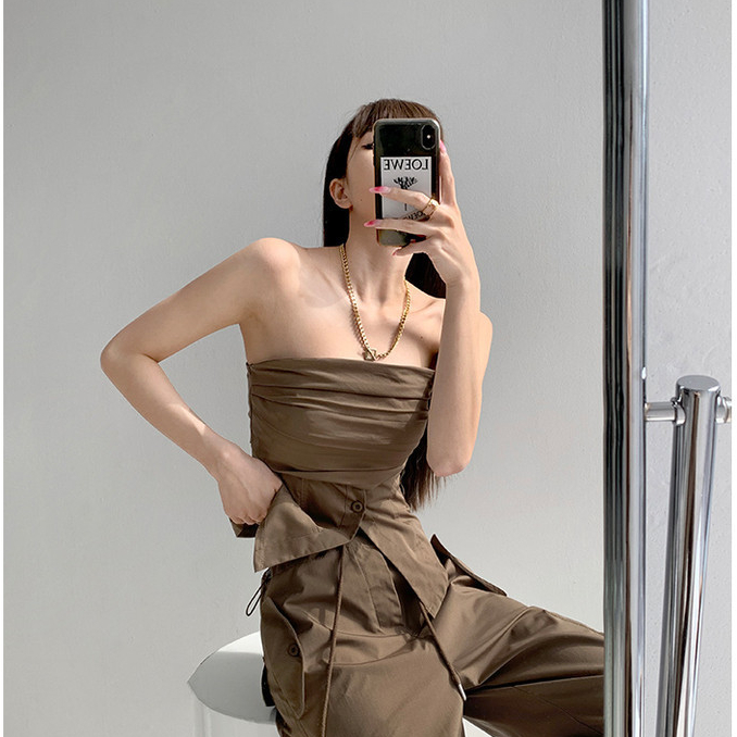 Thiết Kế Độc Đáo Sense Niche Girls Xếp Ly Ống Top Nữ Châu Âu Mỹ Một Lông Chia Nẹp Quấn Ngực Rộng Hẹp Ôm Vừa vặn Ôm Hơn Nhìn Không Tay Đơn-Brea