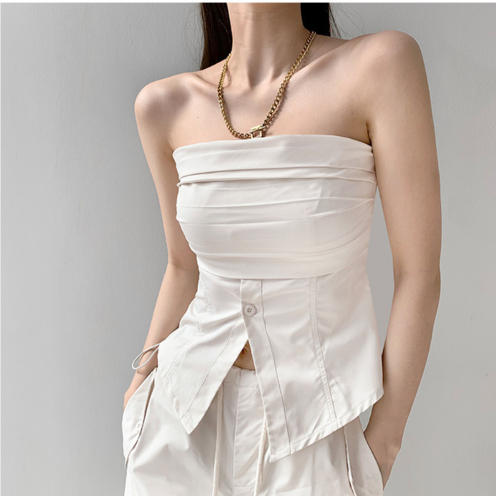 Thiết Kế Độc Đáo Sense Niche Girls Xếp Ly Ống Top Nữ Châu Âu Mỹ Một Lông Chia Nẹp Quấn Ngực Rộng Hẹp Ôm Vừa vặn Ôm Hơn Nhìn Không Tay Đơn-Brea