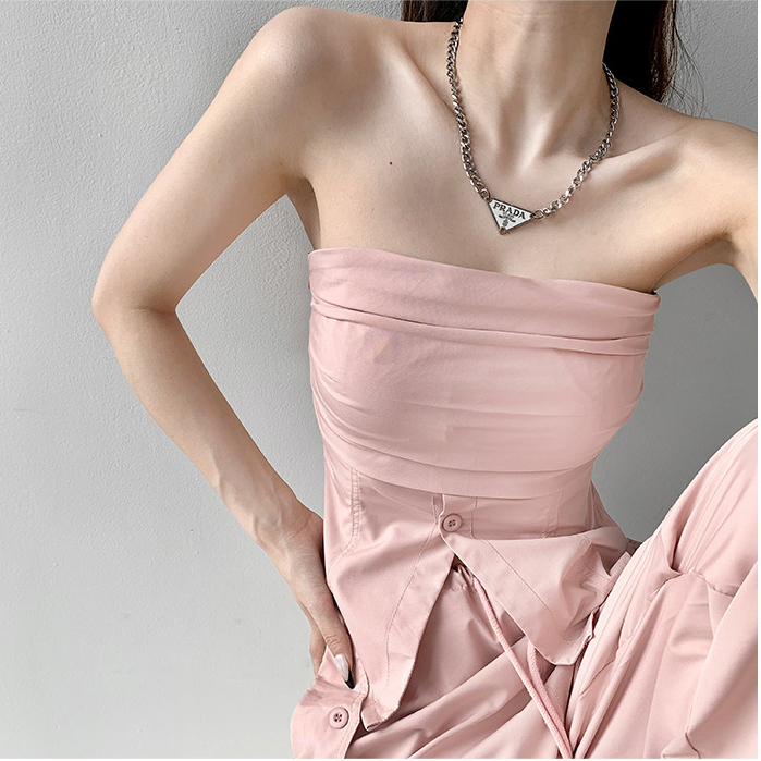 Thiết Kế Độc Đáo Sense Niche Girls Xếp Ly Ống Top Nữ Châu Âu Mỹ Một Lông Chia Nẹp Quấn Ngực Rộng Hẹp Ôm Vừa vặn Ôm Hơn Nhìn Không Tay Đơn-Brea