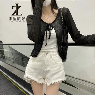 ZHELIHANGFEI Áo thun dài tay có dây buộc mỏng Áo Cardigan dáng rộng cao thông thường Lo đơn giản