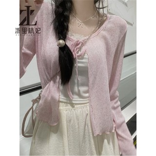 ZHELIHANGFEI Áo thun dài tay có dây buộc mỏng Áo Cardigan dáng rộng cao thông thường Lo đơn giản