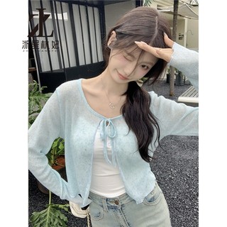 ZHELIHANGFEI Áo thun dài tay có dây buộc mỏng Áo Cardigan dáng rộng cao thông thường Lo đơn giản