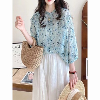 Phong Cách Hàn Quốc Nữ Nữ Rời Hoa 3 / 4 Áo Sơ Mi Tay Baju Baju Wanita Lengan Panjang
