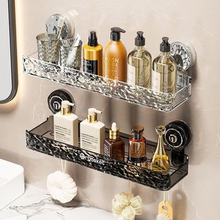 Kệ để đồ nhà tắm có cốc hút chắc chắn chất liệu PET Kệ treo nhà bếp đa năng chịu tải mạnh có móc treo đồ đi kèm Bathroom shelf