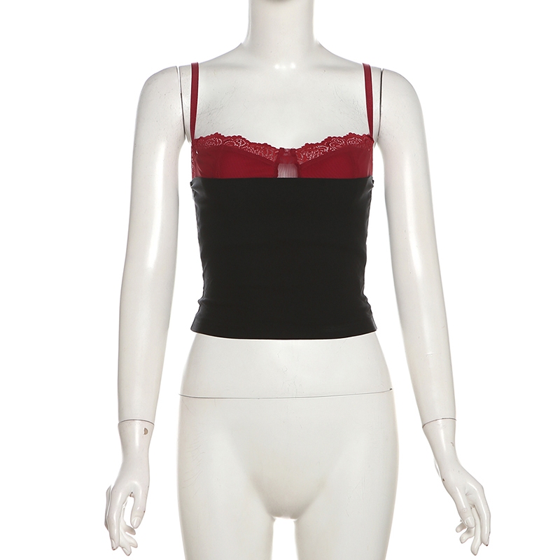 Cutenew Ren Viền Chắp Vá Camisole Nữ Mùa Hè Mỏng Lưng Crop Top Đa Năng Tank Top