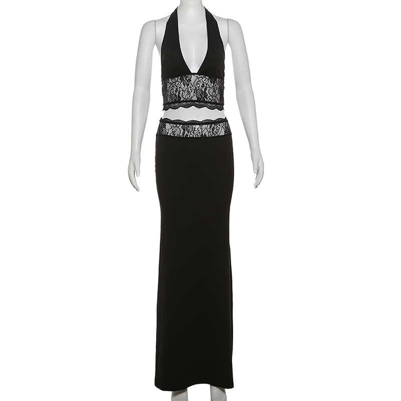 Cutenew Gợi Cảm Ren Viền Hai Mảnh Bộ Nữ Mùa Hè Lưng Tank Top + Váy Maxi Bộ Trang Phục Đi Biển