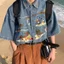 Tianlesiwei American retro thêu phong cách trung lập áo sơ mi mùa hè dáng rộng denim áo sơ mi ngắn tay