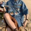 Tianlesiwei American retro thêu phong cách trung lập áo sơ mi mùa hè dáng rộng denim áo sơ mi ngắn tay