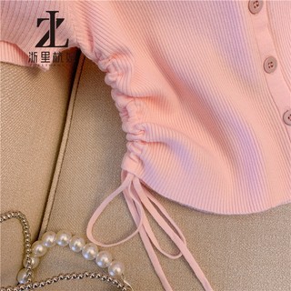 ZHELIHANGFEI Dệt Kim Cardigan Dây Rút Eo Ngắn Tay Băng Lụa Nữ Hồng Ngắn Top Hợp Thời Trang