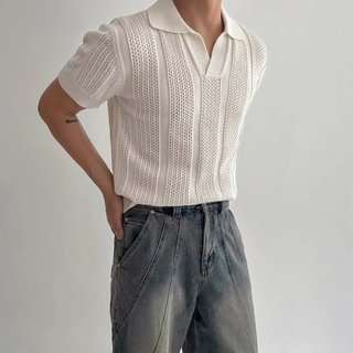 Mùa hè Mỹ High Street Dệt Kim Ngắn Tay Áo Sơ Mi POLO Nam Ve Áo Nửa Tay Top Cao Cấp Ruffian Đẹp Trai Áo Chui Đầu t @