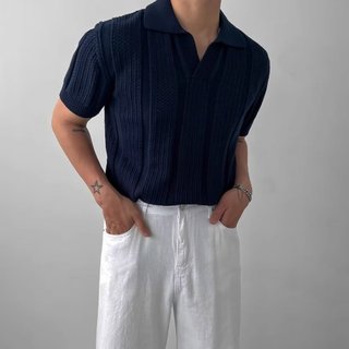 Mùa hè Mỹ High Street Dệt Kim Ngắn Tay Áo Sơ Mi POLO Nam Ve Áo Nửa Tay Top Cao Cấp Ruffian Đẹp Trai Áo Chui Đầu t @
