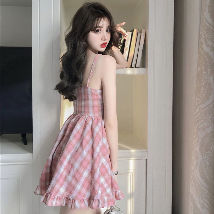 Đầm Kiểm Tra Nữ Mùa Hè Phong Cách Mới Ngọt Hồng Sling Đầm Ôm Phù Hợp Với Học Sinh