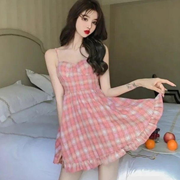 Đầm Kiểm Tra Nữ Mùa Hè Phong Cách Mới Ngọt Hồng Sling Đầm Ôm Phù Hợp Với Học Sinh