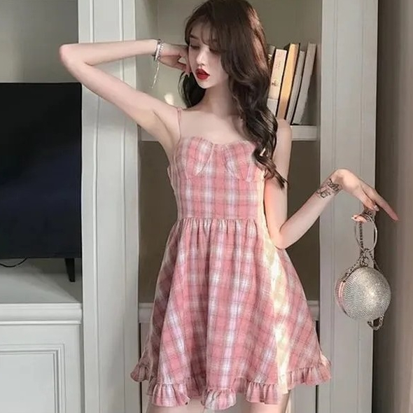 Đầm Kiểm Tra Nữ Mùa Hè Phong Cách Mới Ngọt Hồng Sling Đầm Ôm Phù Hợp Với Học Sinh