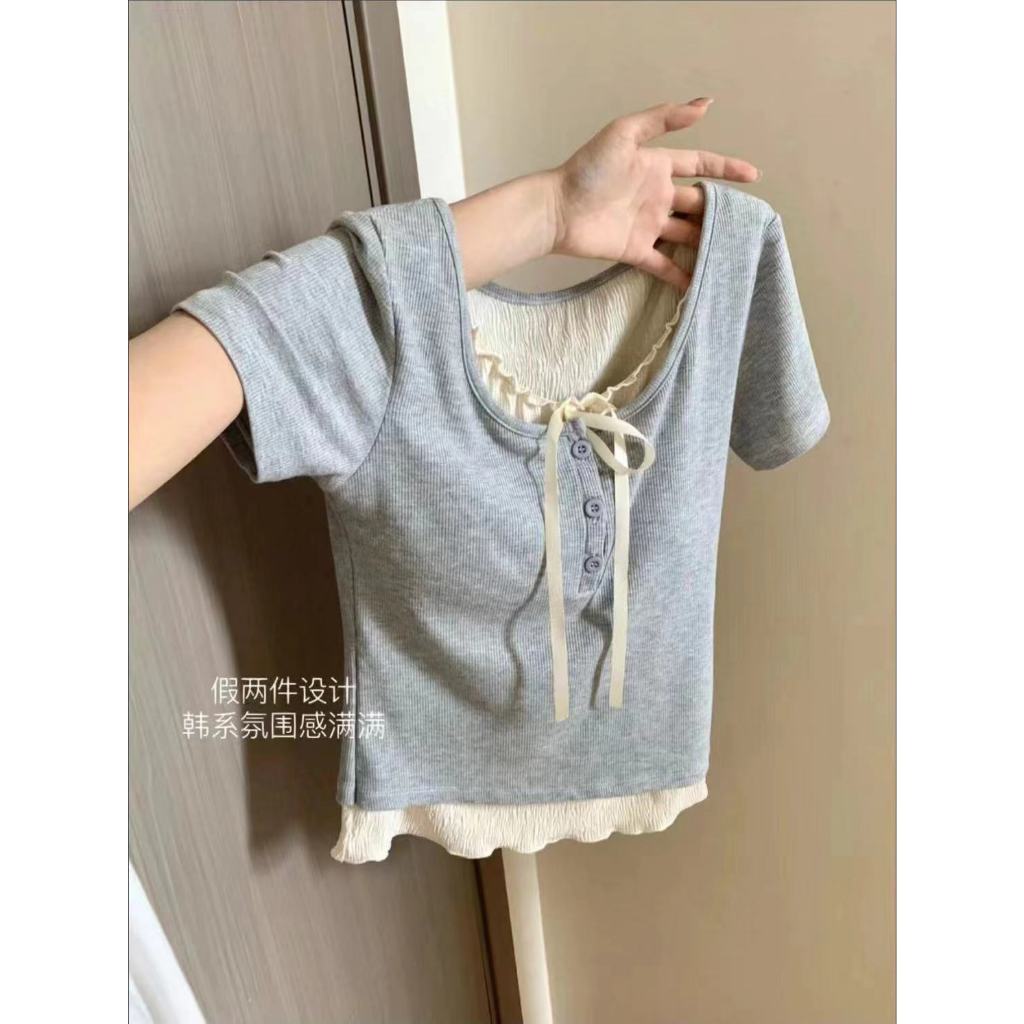 【BANKO】Áo thun ngắn tay có dây buộc hai mảnh màu hồng giả phong cách múa ba lê mùa hè dành cho nữ