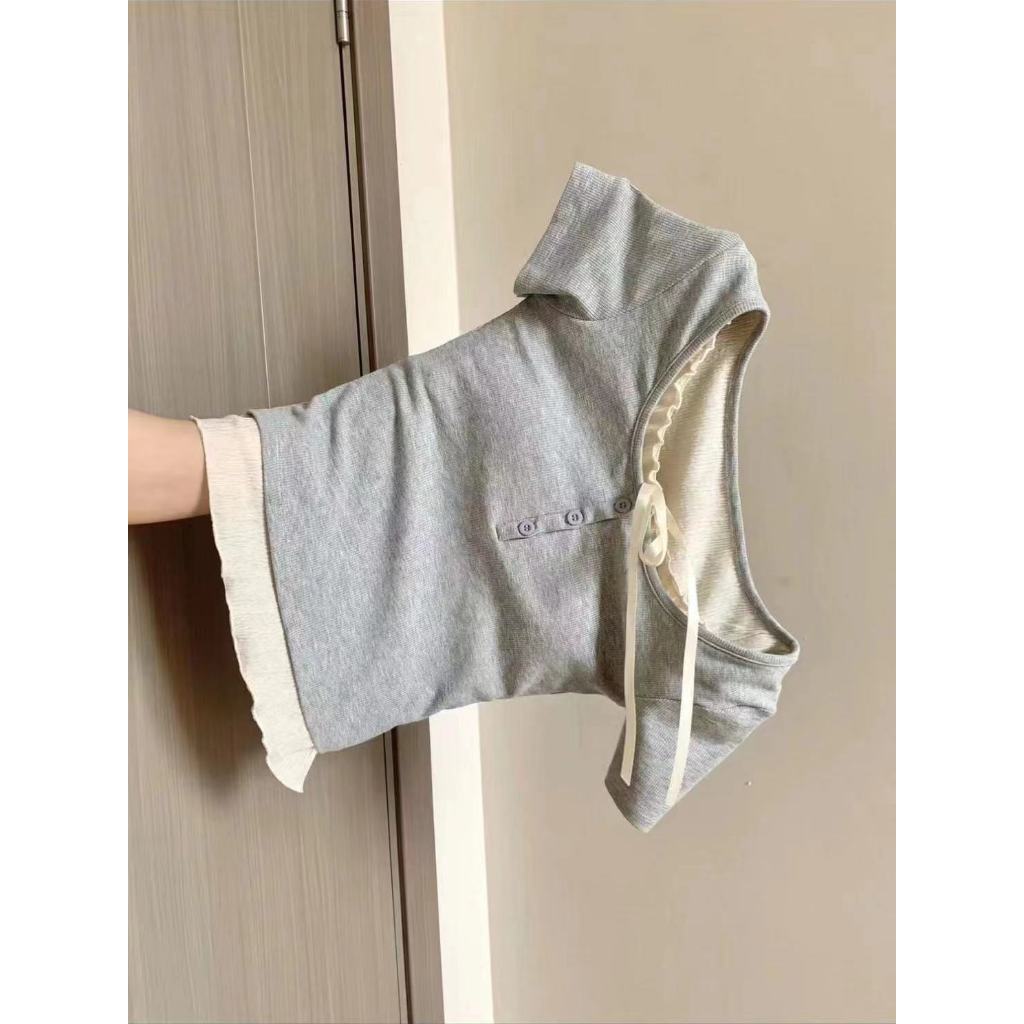 【BANKO】Áo thun ngắn tay có dây buộc hai mảnh màu hồng giả phong cách múa ba lê mùa hè dành cho nữ