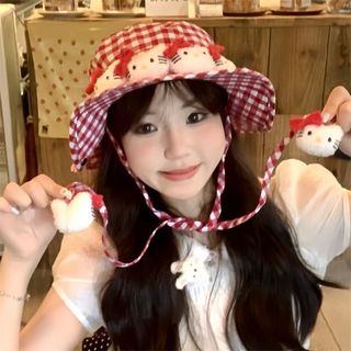 Bán Thời Trang Dễ Thương helloKitty Đỏ Kiểm Tra Mũ Xô Chống Nắng Mũ y2k Dễ Thương